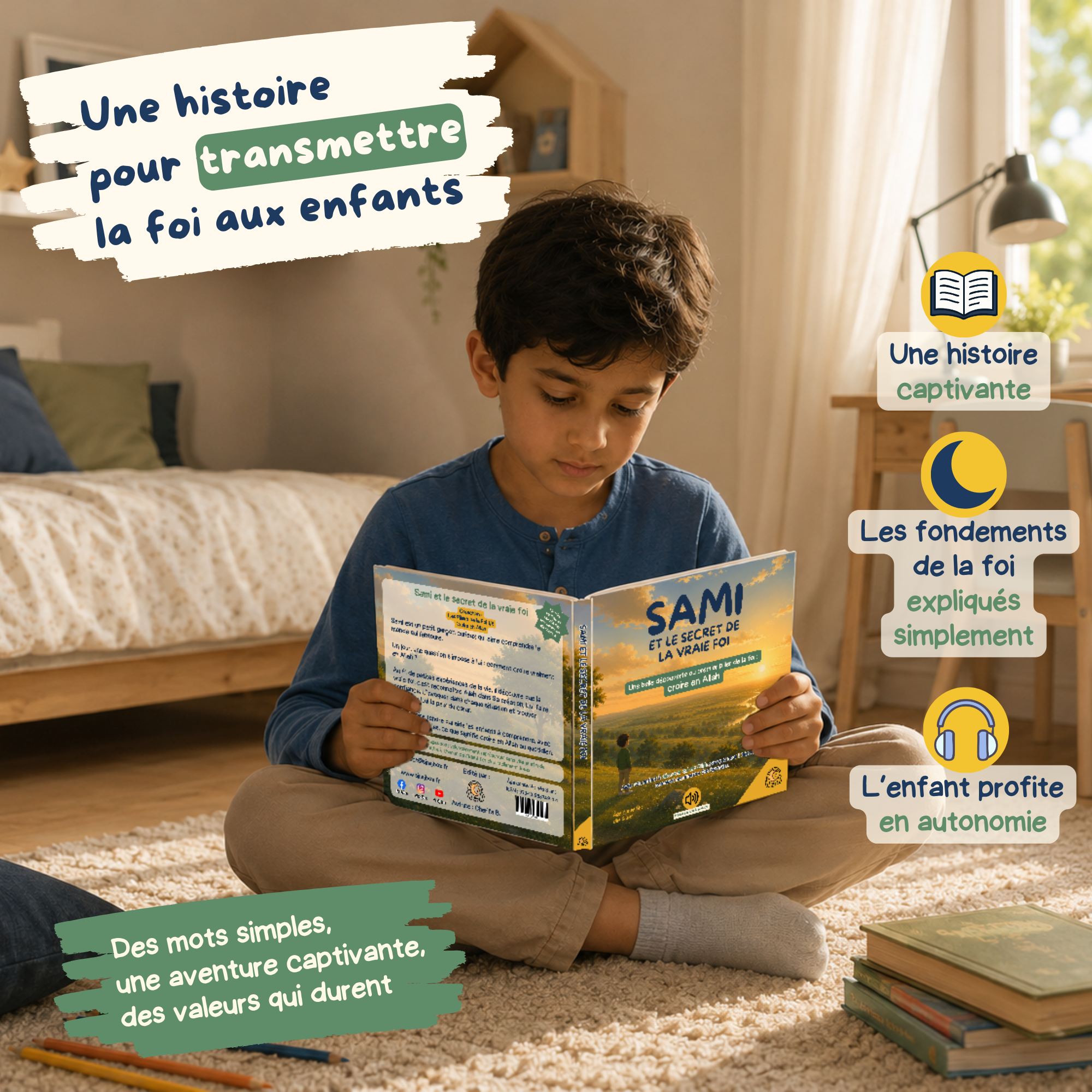 Enfant lisant le livre islamique pour enfants Sami et le secret de la vraie foi