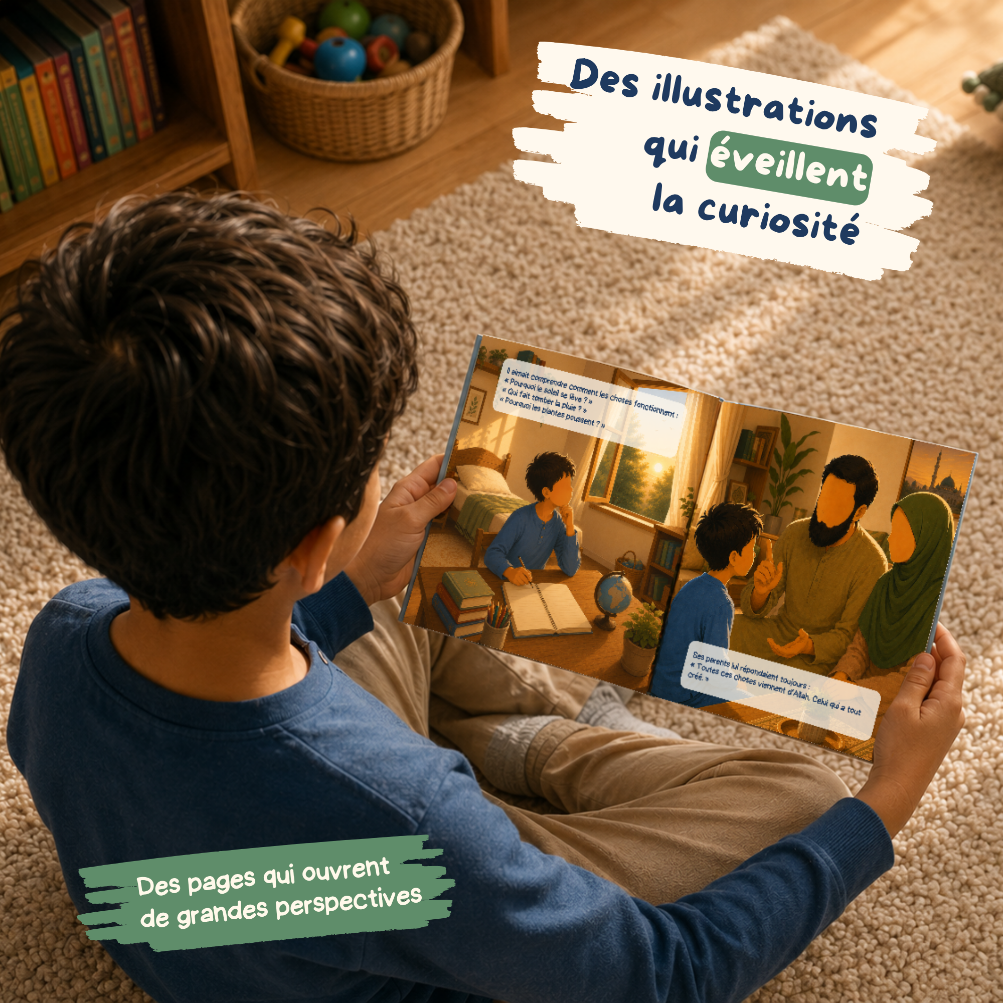Enfant lisant une histoire islamique illustrée dans le livre Sami et le secret de la vraie foi
