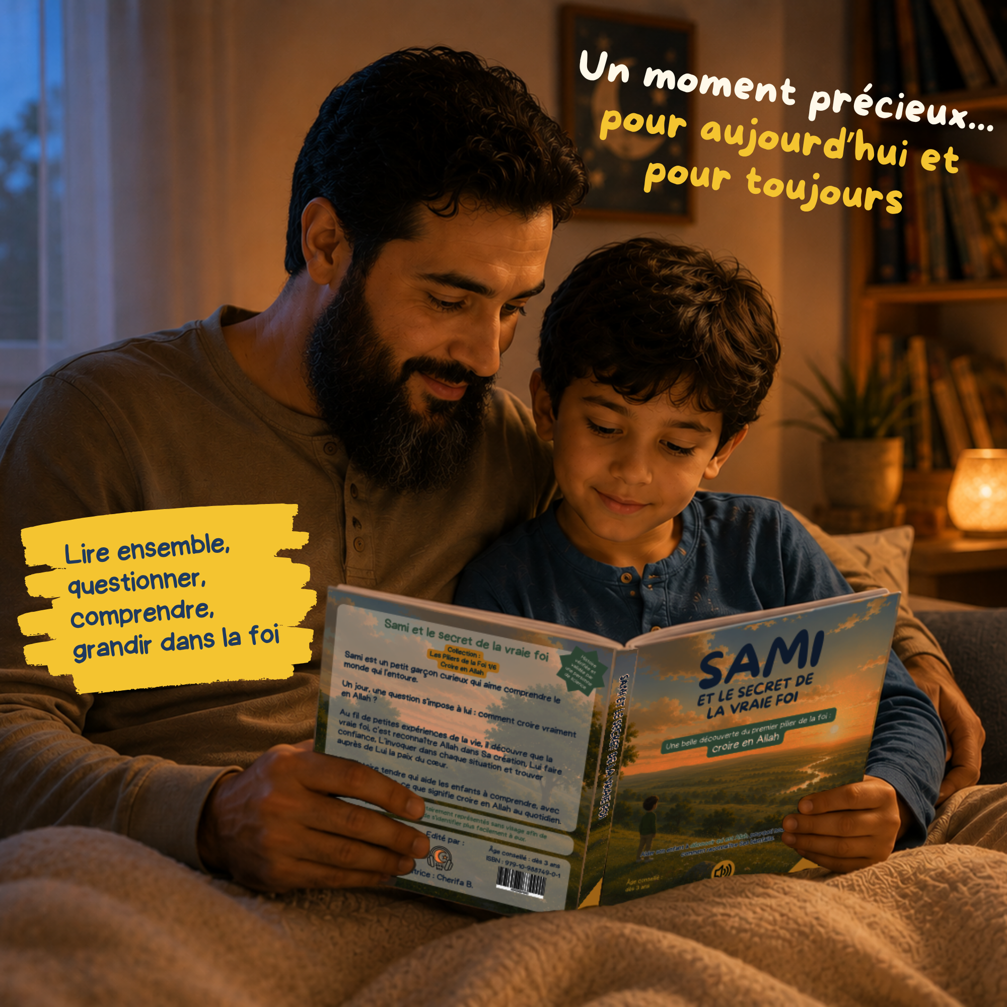 Père et enfant lisant ensemble le livre islamique Sami et le secret de la vraie foi