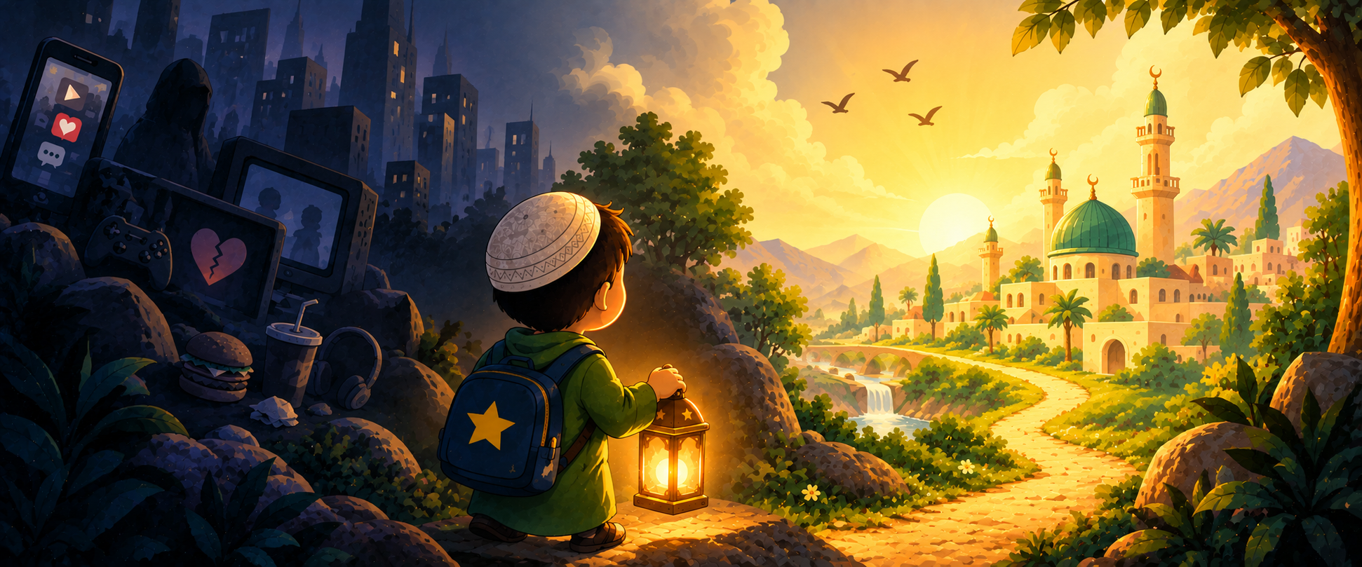 Illustration Sirâj Box d’un enfant musulman portant une lanterne et cheminant des ténèbres vers un paysage lumineux, symbole de transmission de la foi et de connaissance de l’Islam.