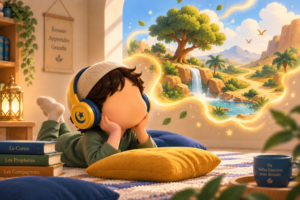 Enfant écoutant une histoire audio islamique au casque dans un univers imaginaire