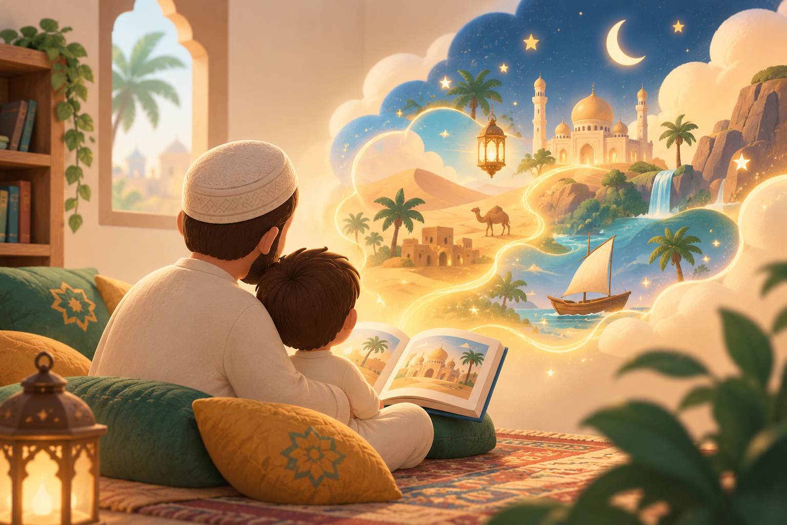 Illustration d’un enfant découvrant les histoires et enseignements islamiques de Sirâj Box avec son papa