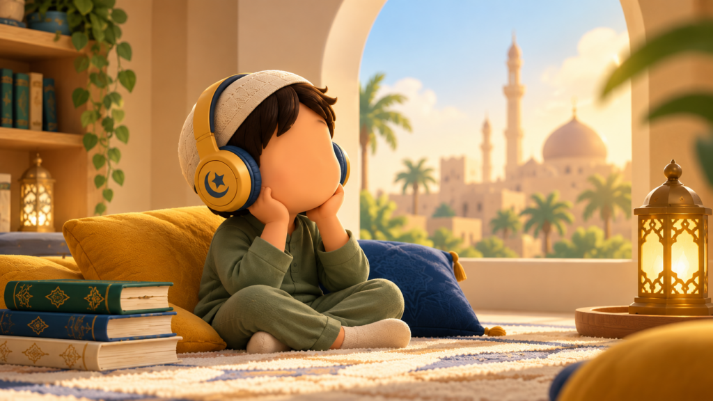 Enfant musulman écoutant une histoire audio avec un casque