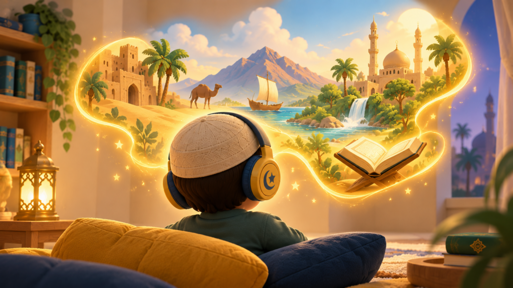 Enfant écoutant une histoire audio et laissant son imagination voyager